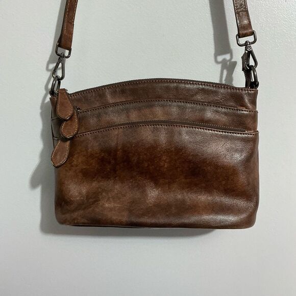 HESHE Brown Leather Shoulder Bag Multi-Pocket Handbag - Picture 1 of 8